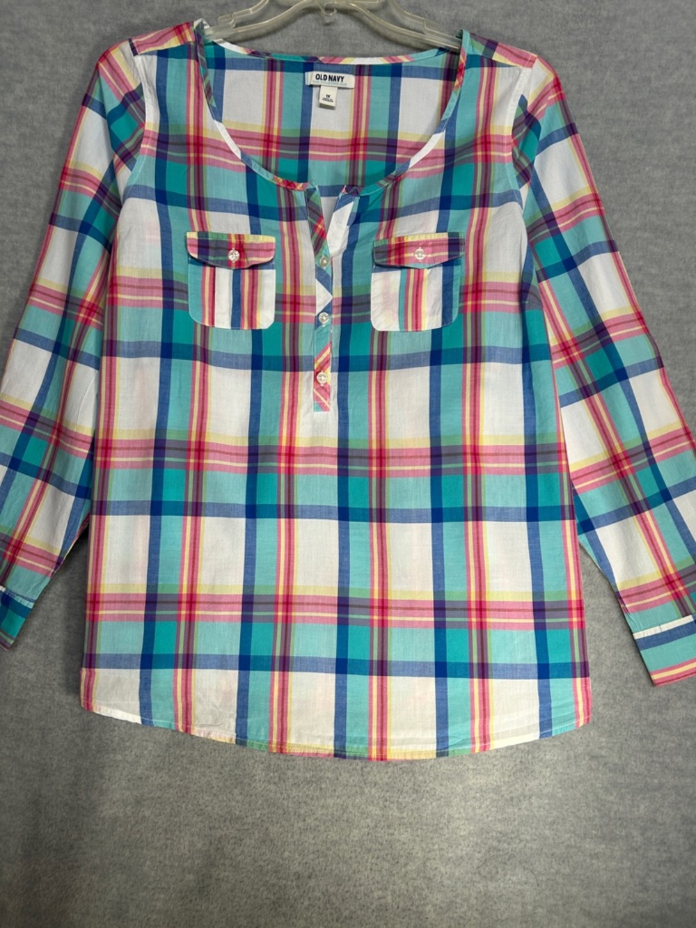 OLD NAVY Cotton Summer Woven Plaid Henley Style Extra Long Line Oversized Tunic